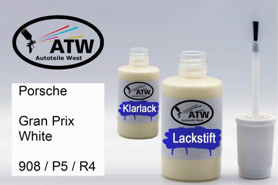 Porsche, Gran Prix White, 908 / P5 / R4: 20ml Lackstift + 20ml Klarlack - Set, von ATW Autoteile West.